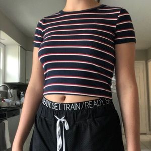 red white and blue striped cropped t-shirt